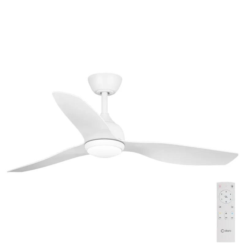 Claro Whisper DC Ceiling Fan with CCT LED Light and Remote Control in White 48-inch