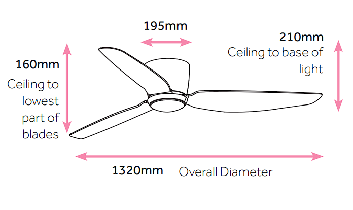 whisper low profile 132cm with light - dimensions
