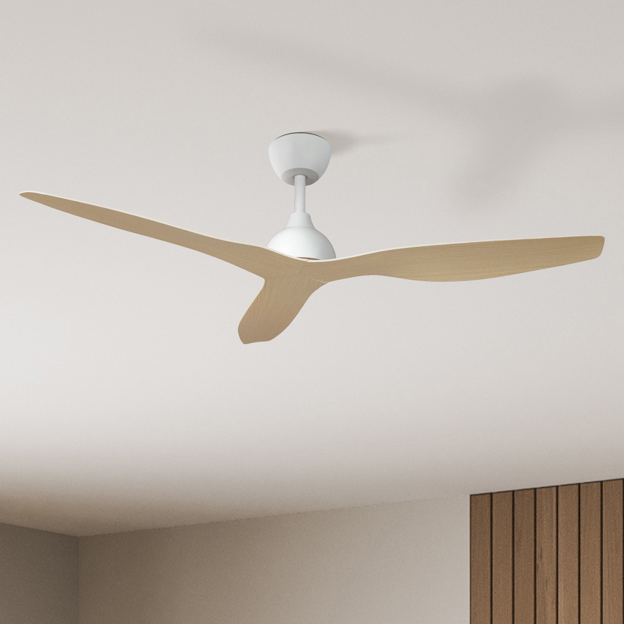 Claro Whisper IP66 DC Ceiling Fan 132cm in White and Light Oak