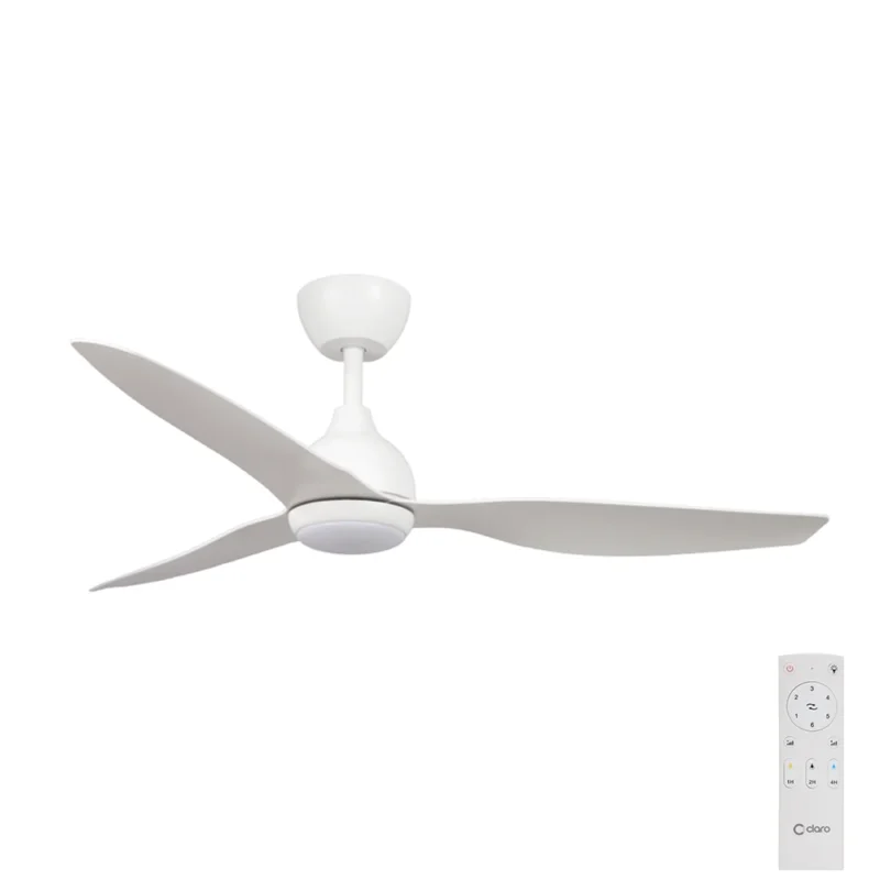 Claro Whisper DC Ceiling Fan with CCT LED Light and Remote Control in White 52-inch