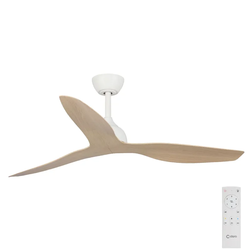 Claro Whisper DC Ceiling Fan with Remote Control in White with Light Oak Blades 48-inch