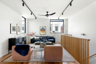 claro whisper dc ceiling fan installed in contemporary fitzroy bedroom renovation